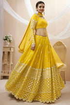 Yellow Georgette Lehenga Choli For Indian & Pakistani Wedding Festival - Sequins & Thread Embroidery Work, Zari Work