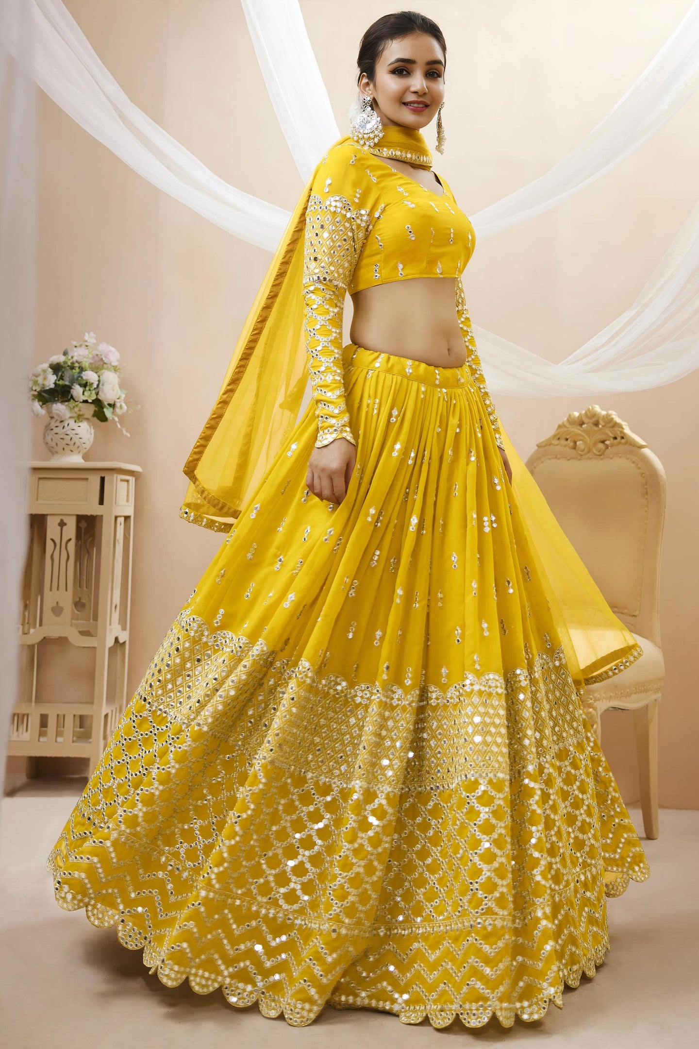 Yellow Georgette Lehenga Choli For Indian & Pakistani Wedding Festival - Sequins & Thread Embroidery Work, Zari Work