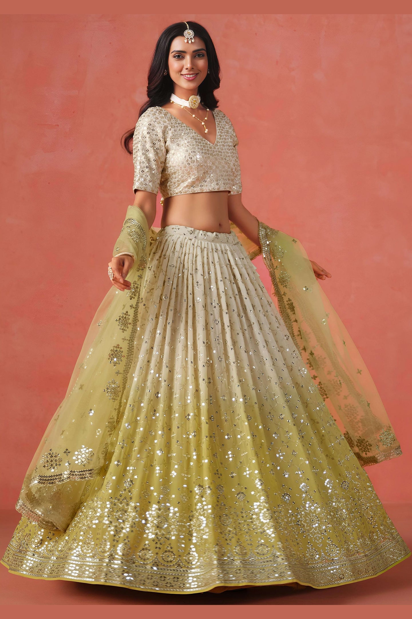 Yellow Georgette Lehenga Choli For Indian & Pakistani Wedding Festival - Sequins & Thread Embroidery Work, Zari Work
