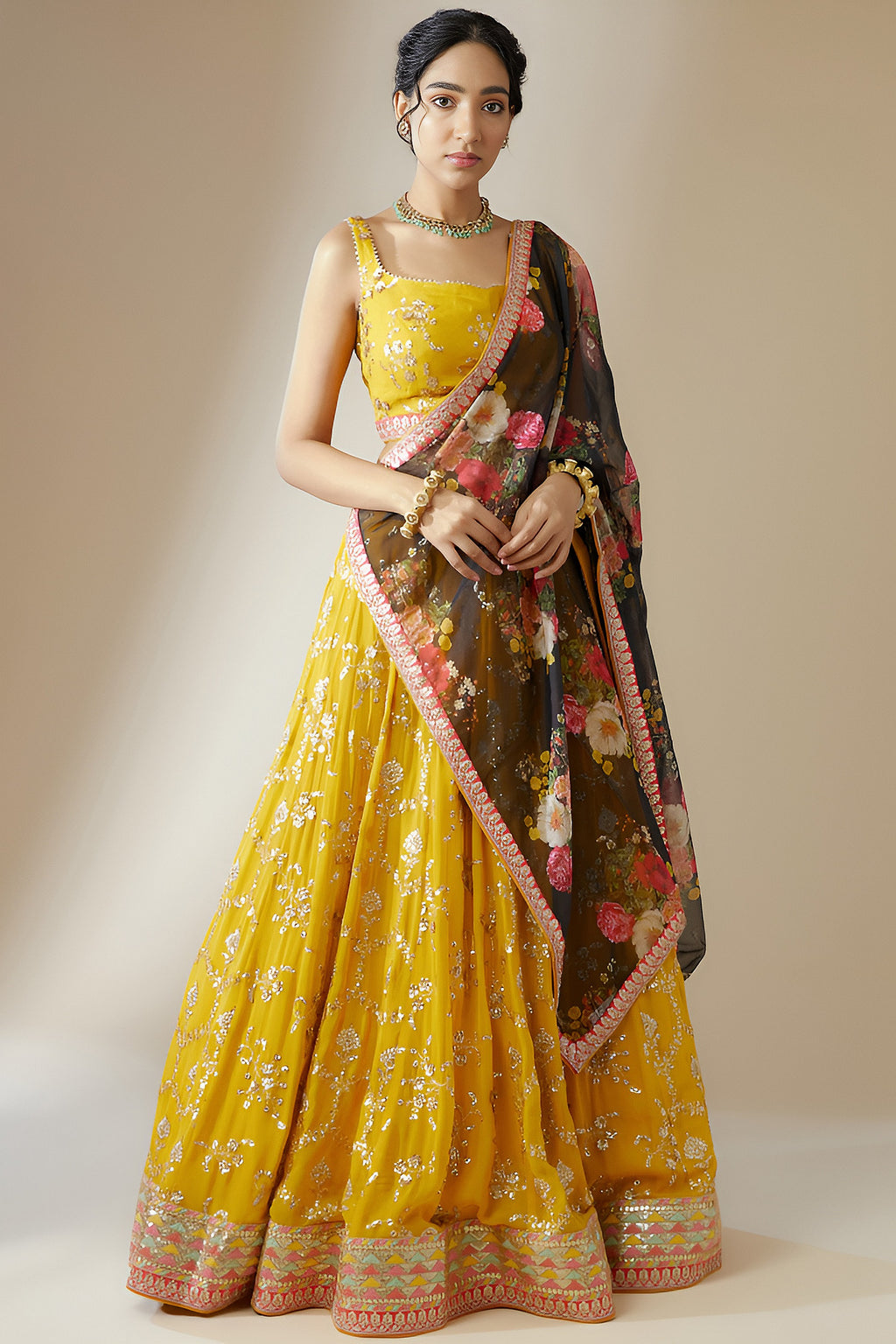 Yellow Georgette Lehenga Choli For Indian & Pakistani Wedding Festival - Zari Work, Sequence Embroidery Work, Thread Embroidery Work, Print Work