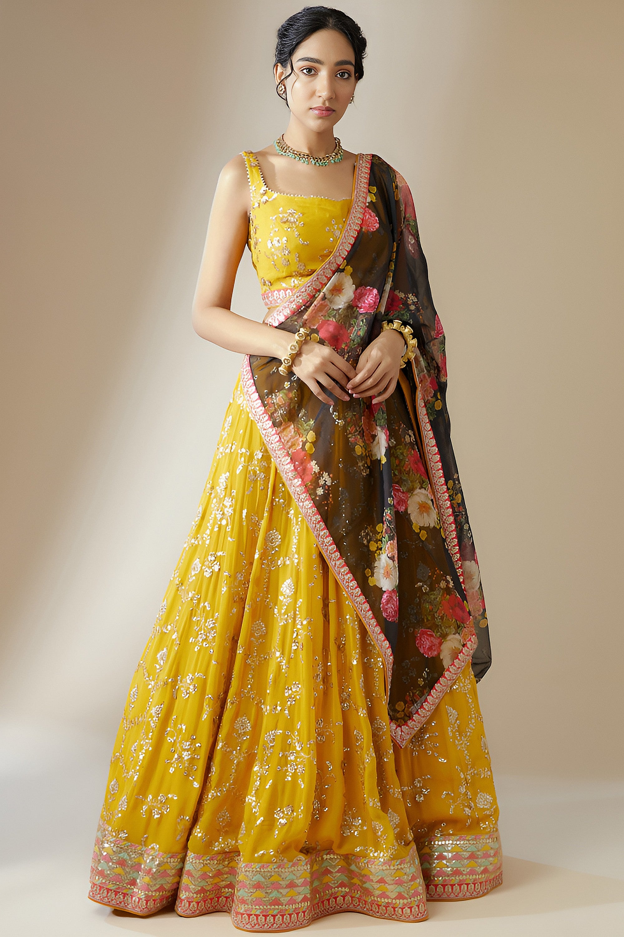 Yellow Georgette Lehenga Choli For Indian & Pakistani Wedding Festival - Zari Work, Sequence Embroidery Work, Thread Embroidery Work, Print Work