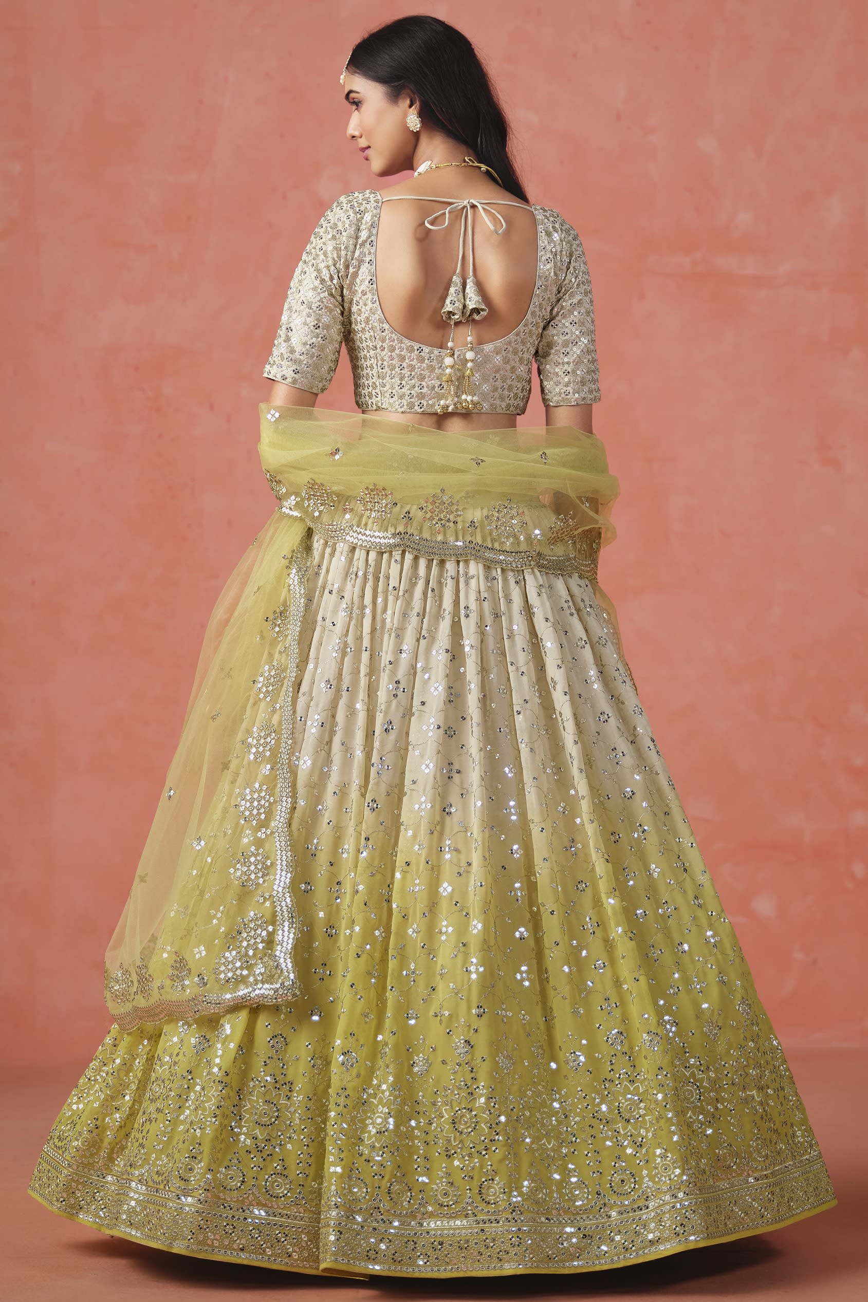 Yellow Georgette Lehenga Choli For Indian & Pakistani Wedding Festival - Sequins & Thread Embroidery Work, Zari Work