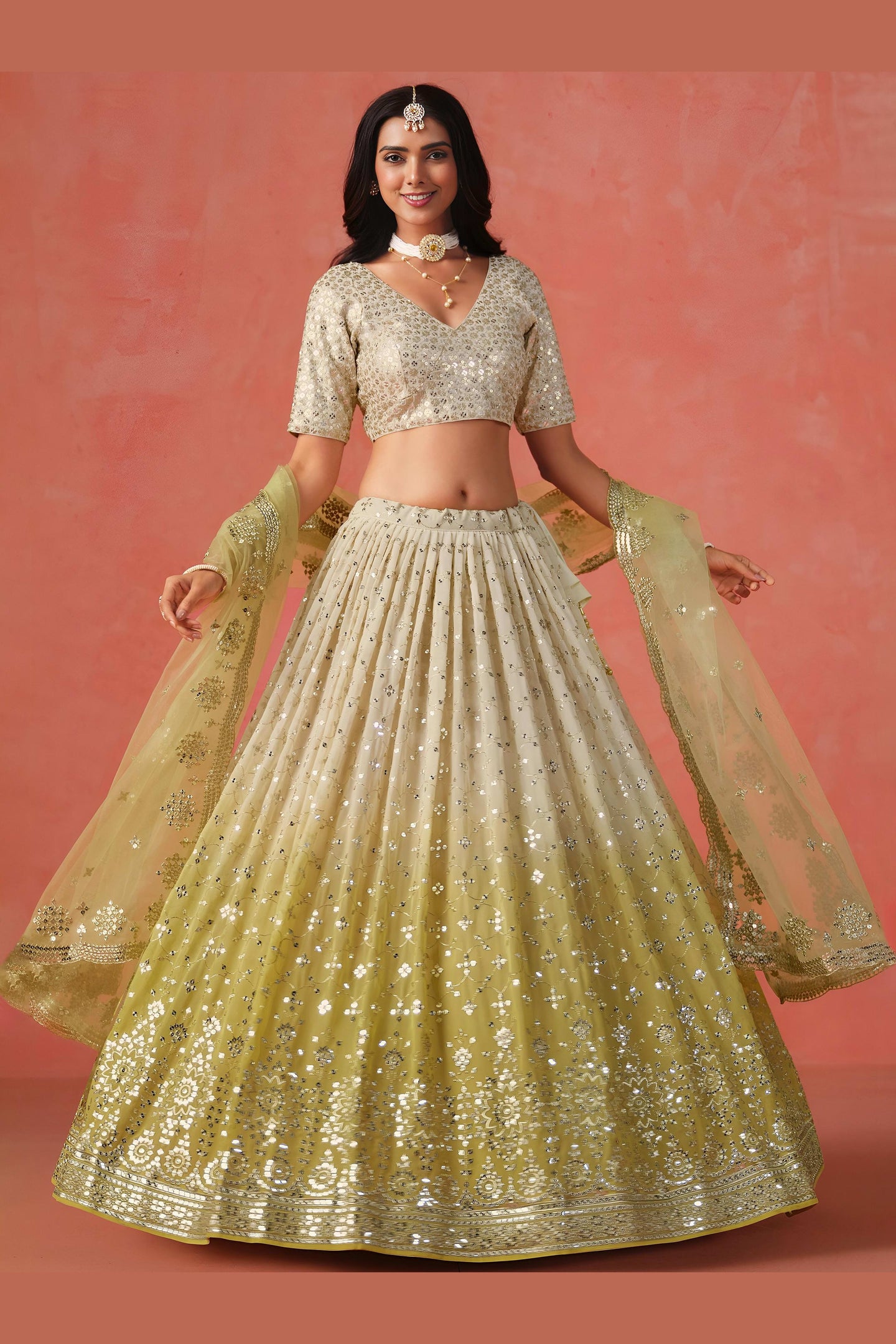 Yellow Georgette Lehenga Choli For Indian & Pakistani Wedding Festival - Sequins & Thread Embroidery Work, Zari Work