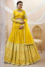 Yellow Georgette Lehenga Choli For Indian & Pakistani Wedding Festival - Sequins & Thread Embroidery Work, Zari Work