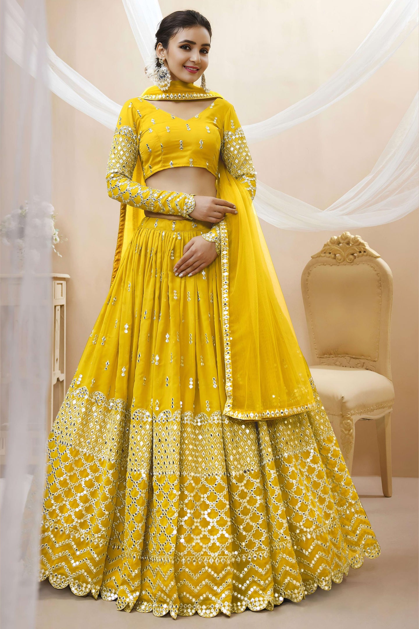 Yellow Georgette Lehenga Choli For Indian & Pakistani Wedding Festival - Sequins & Thread Embroidery Work, Zari Work