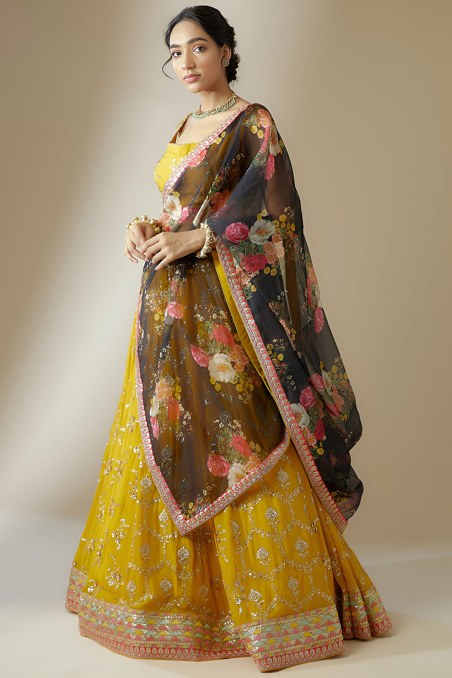 Yellow Georgette Lehenga Choli For Indian & Pakistani Wedding Festival - Zari Work, Sequence Embroidery Work, Thread Embroidery Work, Print Work