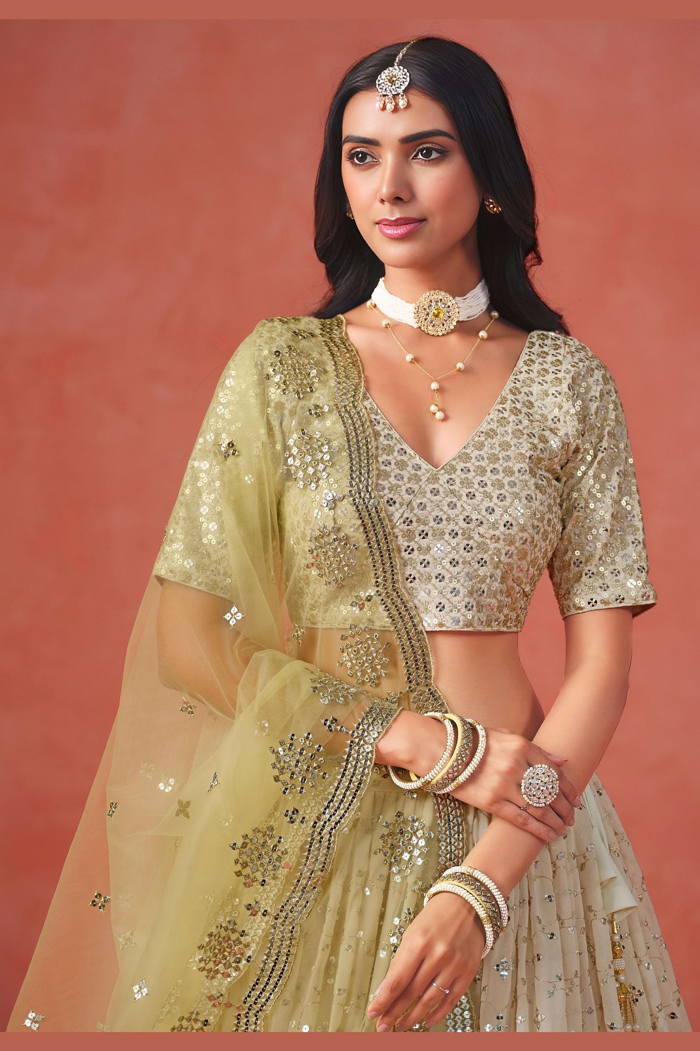Yellow Georgette Lehenga Choli For Indian & Pakistani Wedding Festival - Sequins & Thread Embroidery Work, Zari Work