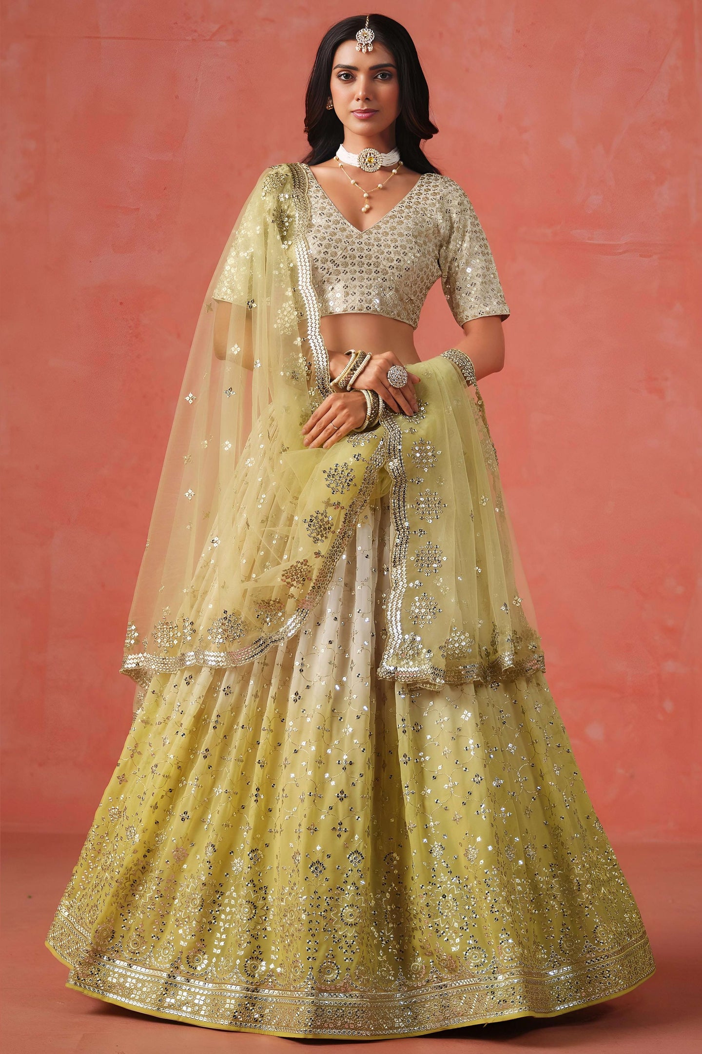 Yellow Georgette Lehenga Choli For Indian & Pakistani Wedding Festival - Sequins & Thread Embroidery Work, Zari Work