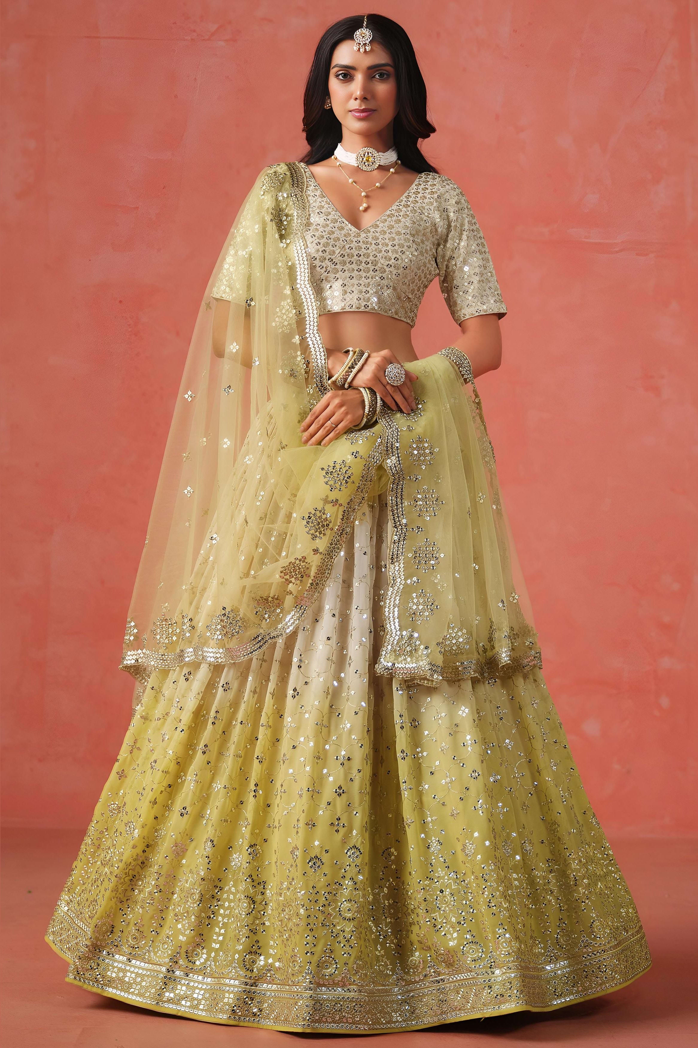 Yellow Georgette Lehenga Choli For Indian & Pakistani Wedding Festival - Sequins & Thread Embroidery Work, Zari Work