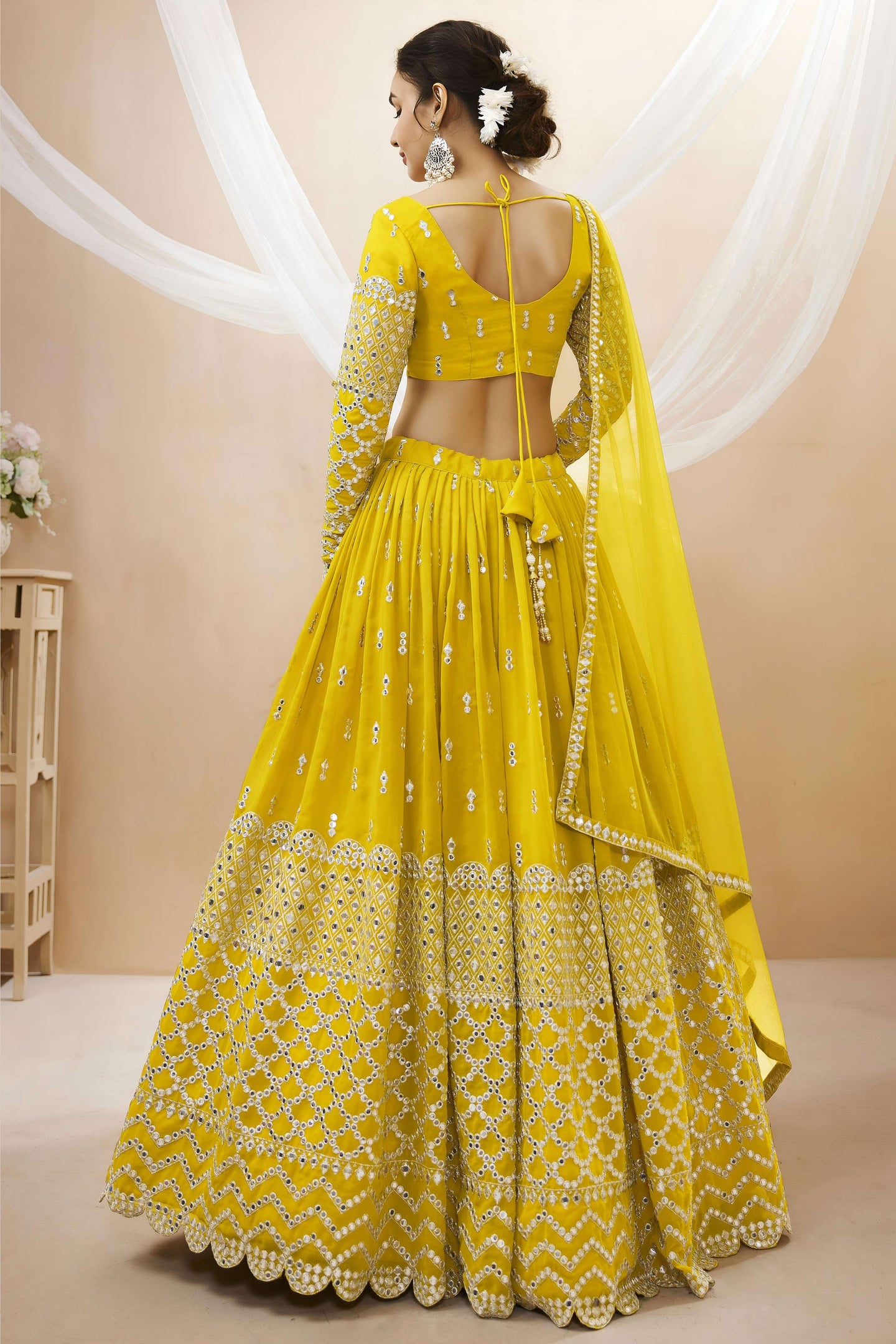 Yellow Georgette Lehenga Choli For Indian & Pakistani Wedding Festival - Sequins & Thread Embroidery Work, Zari Work