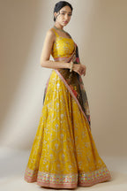 Yellow Georgette Lehenga Choli For Indian & Pakistani Wedding Festival - Zari Work, Sequence Embroidery Work, Thread Embroidery Work, Print Work