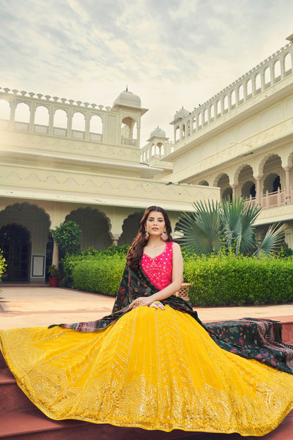 Yellow Georgette Lehenga Choli For Indian Weddings & Festivals - Thread Work, Sequence Embroidery Work