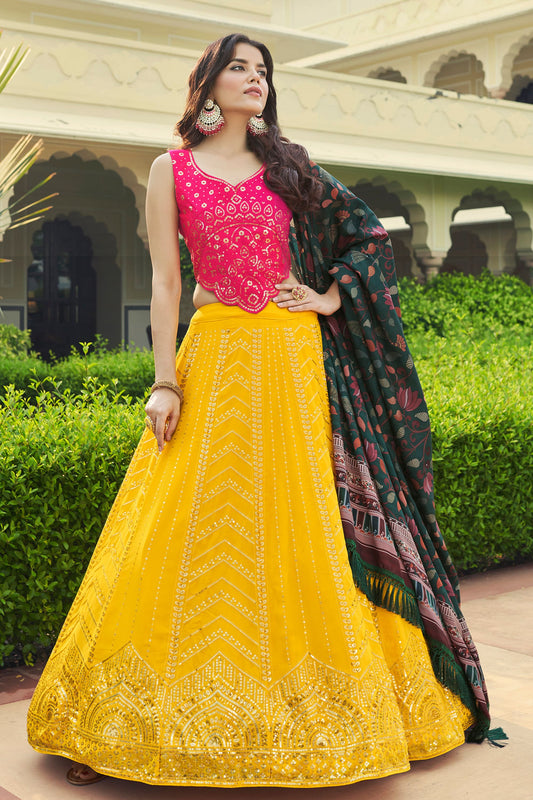 Yellow Georgette Lehenga Choli For Indian Weddings & Festivals - Thread Work, Sequence Embroidery Work