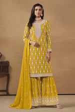 Yellow Georgette Pakistani Sharara Suits for Wedding with Thread Embroidery