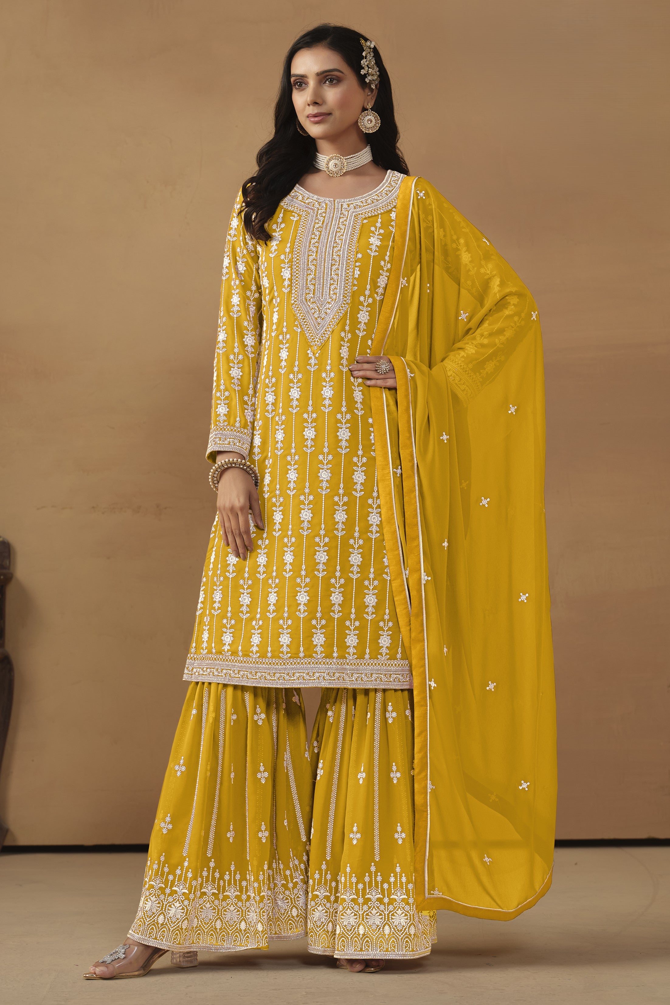Yellow Georgette Pakistani Sharara Suits for Wedding with Thread Embroidery
