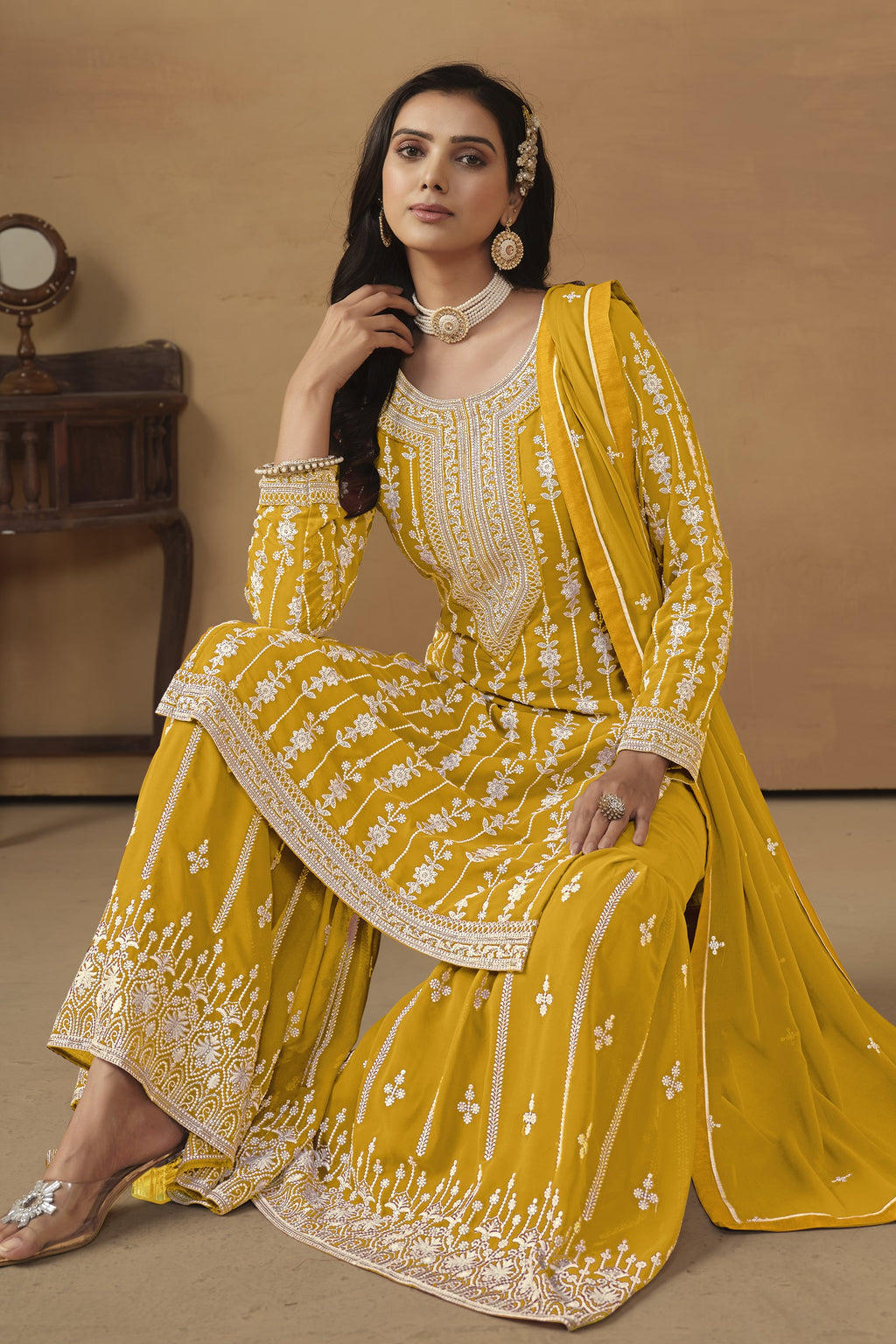 Yellow Georgette Pakistani Sharara Suits for Wedding with Thread Embroidery
