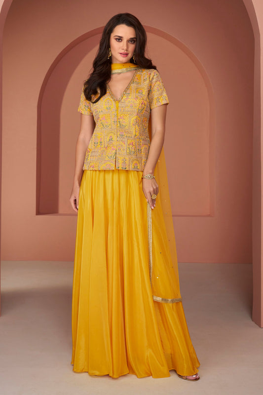 Yellow Georgette Plazo Suit For Indian Festivals & Pakistani Weddings - Embroidery Work