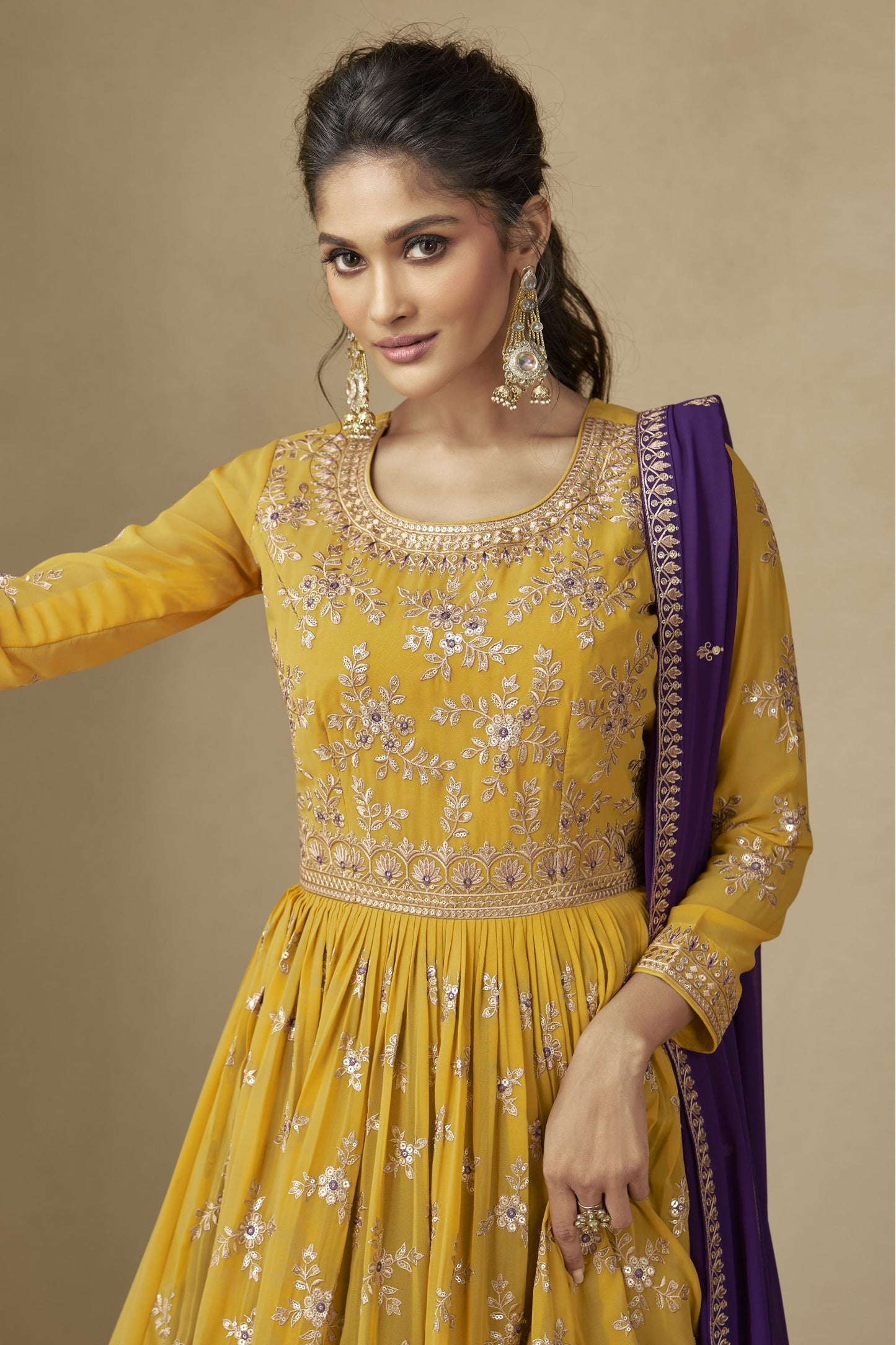 Yellow Pakistani Georgette Salwar Kameez For Indian Festivals & Weddings - Thread Embroidery Work