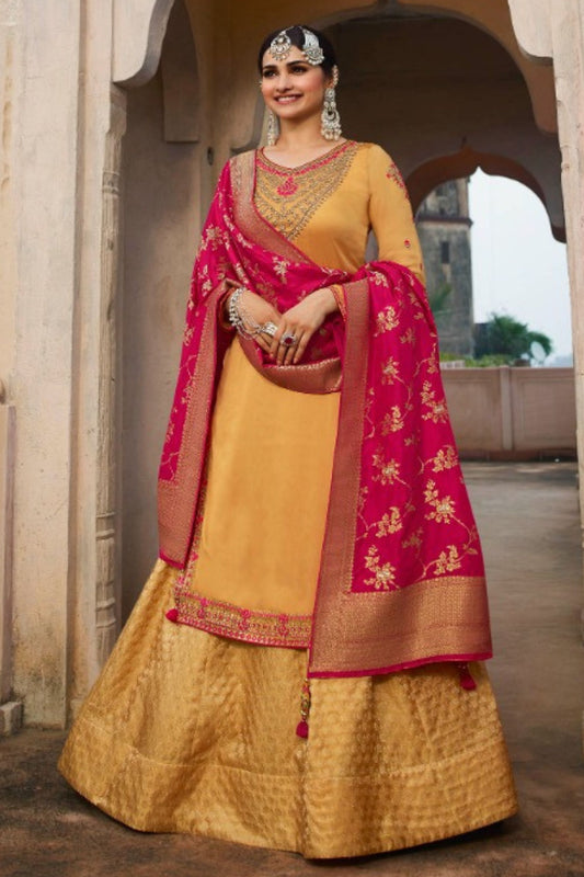 Yellow Georgette Silk Plus Size Upto 9XL Size Kameez and Skirt Suit For Indian Wedding & Festival - Embroidery Work