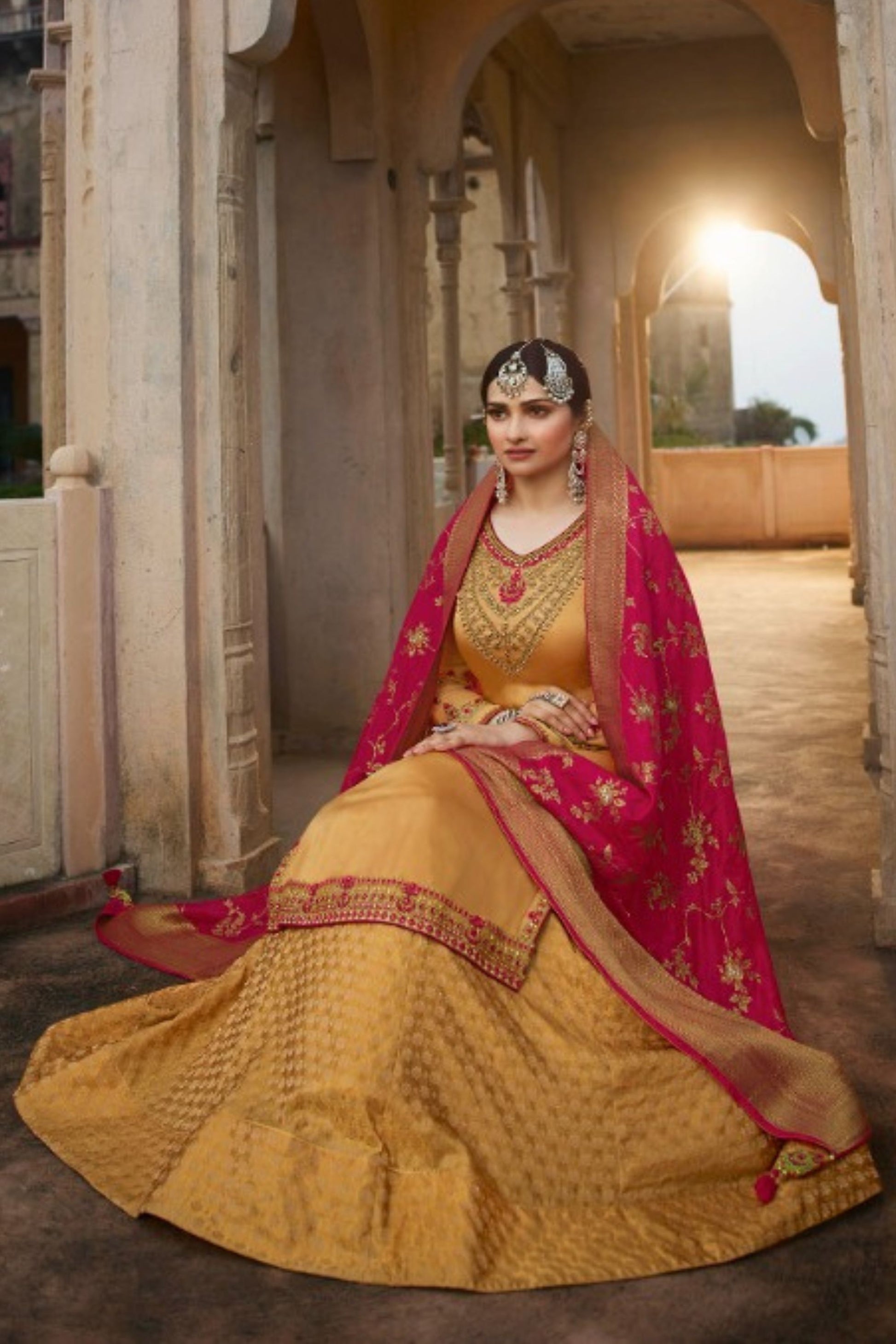 Yellow Georgette Silk Plus Size Upto 9XL Size Kameez and Skirt Suit For Indian Wedding & Festival - Embroidery Work