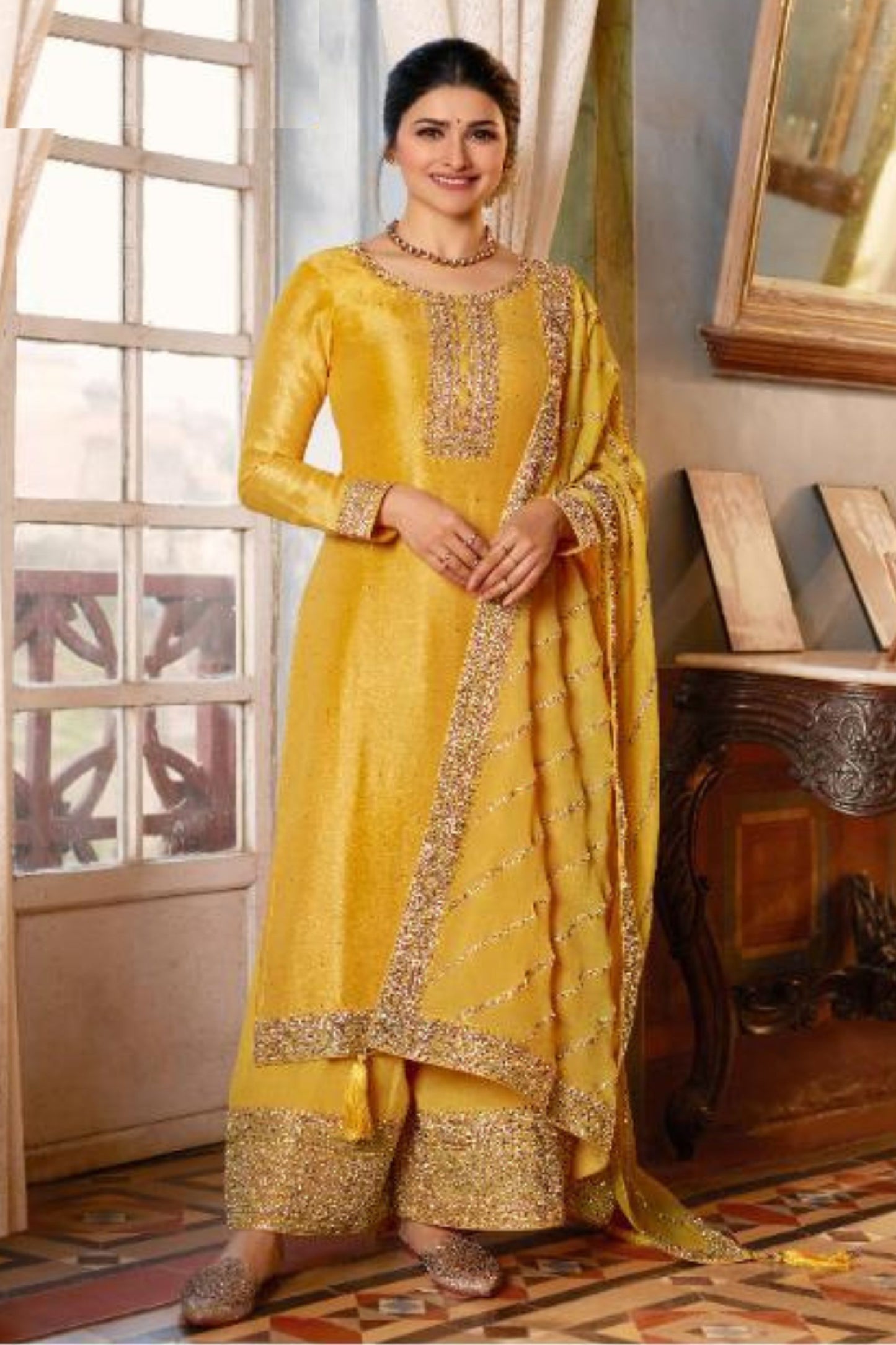 Yellow Georgette Silk Salwar Kameez Suit For Indian Festivals & Pakistani Weddings Dress - Thread Embroidery Work