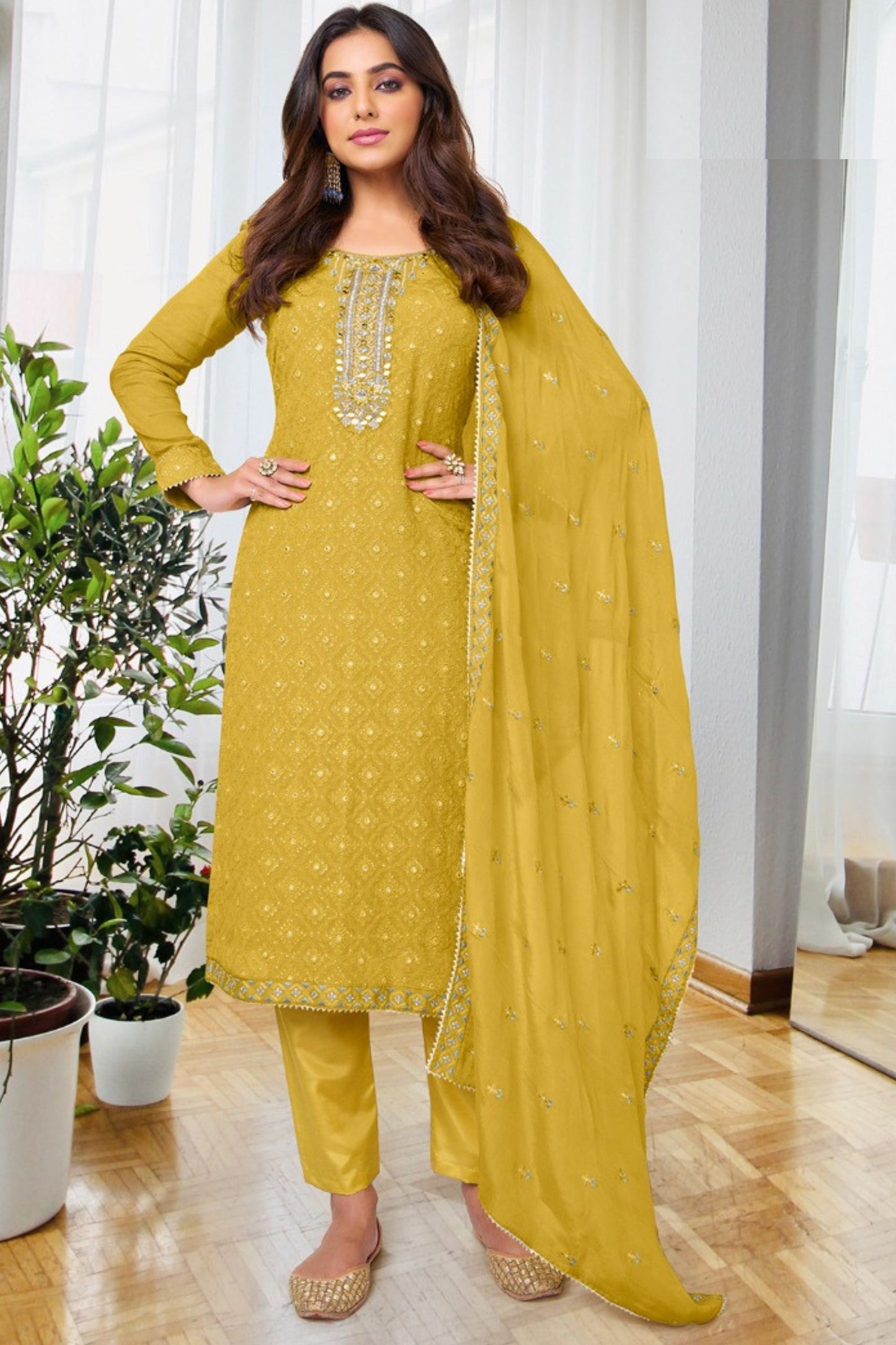 Yellow Georgette with Chinon Silk Kameez with Pant For Indian Suit Festivals & Pakistani Weddings - Embroidery Work