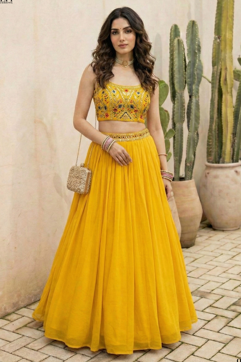 Yellow Georgette Sleeveless Mirror Work Lehenga Choli with Embroidery