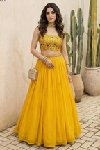 Yellow Georgette Sleeveless Mirror Work Lehenga Choli with Embroidery