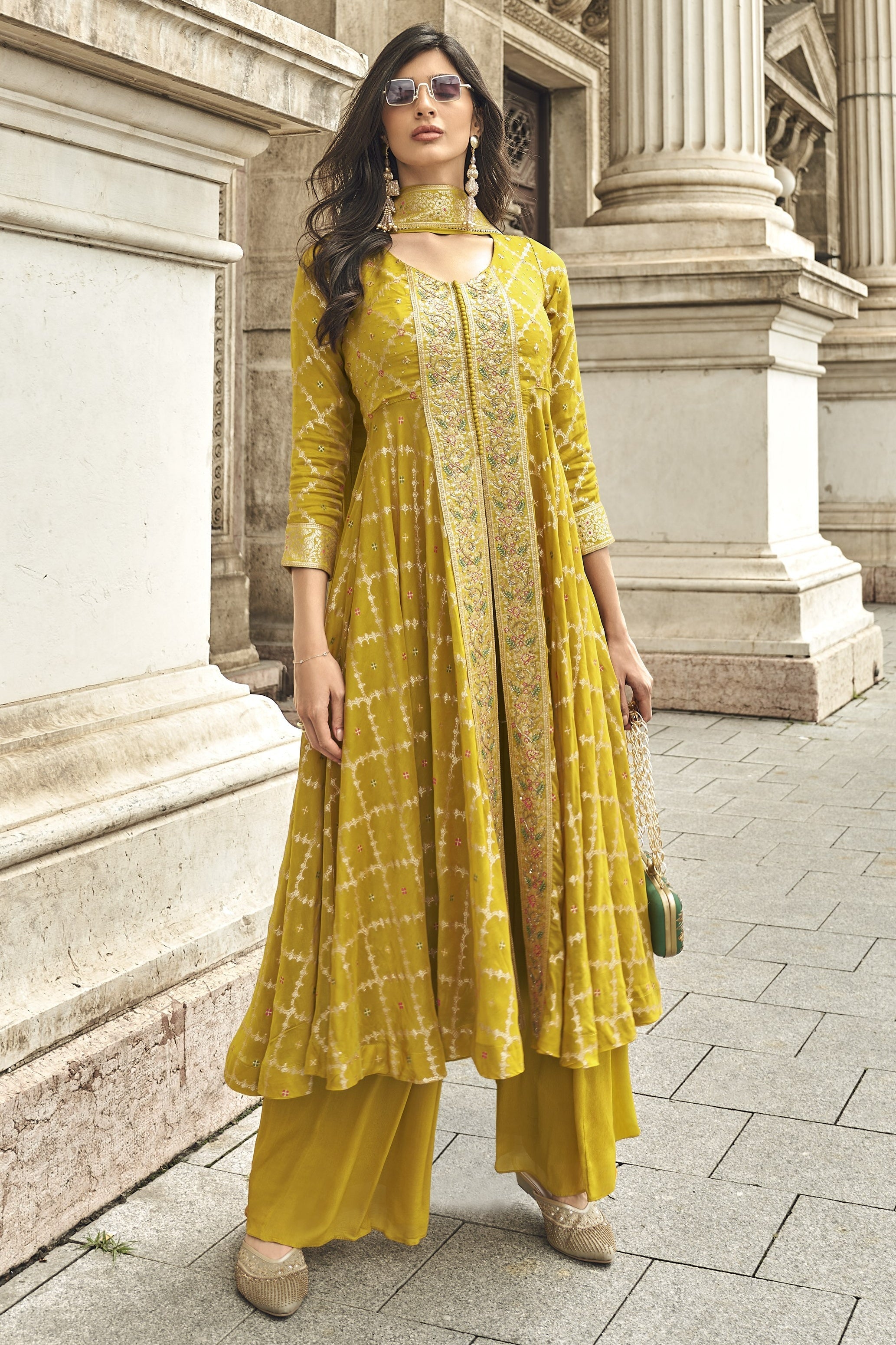 Yellow Jacquard Long Kameez With Palazzo Suit For Indian & Pakistani Wedding Festival - Jacquard Work