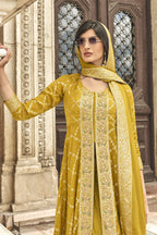 Yellow Jacquard Long Kameez With Palazzo Suit For Indian & Pakistani Wedding Festival - Jacquard Work