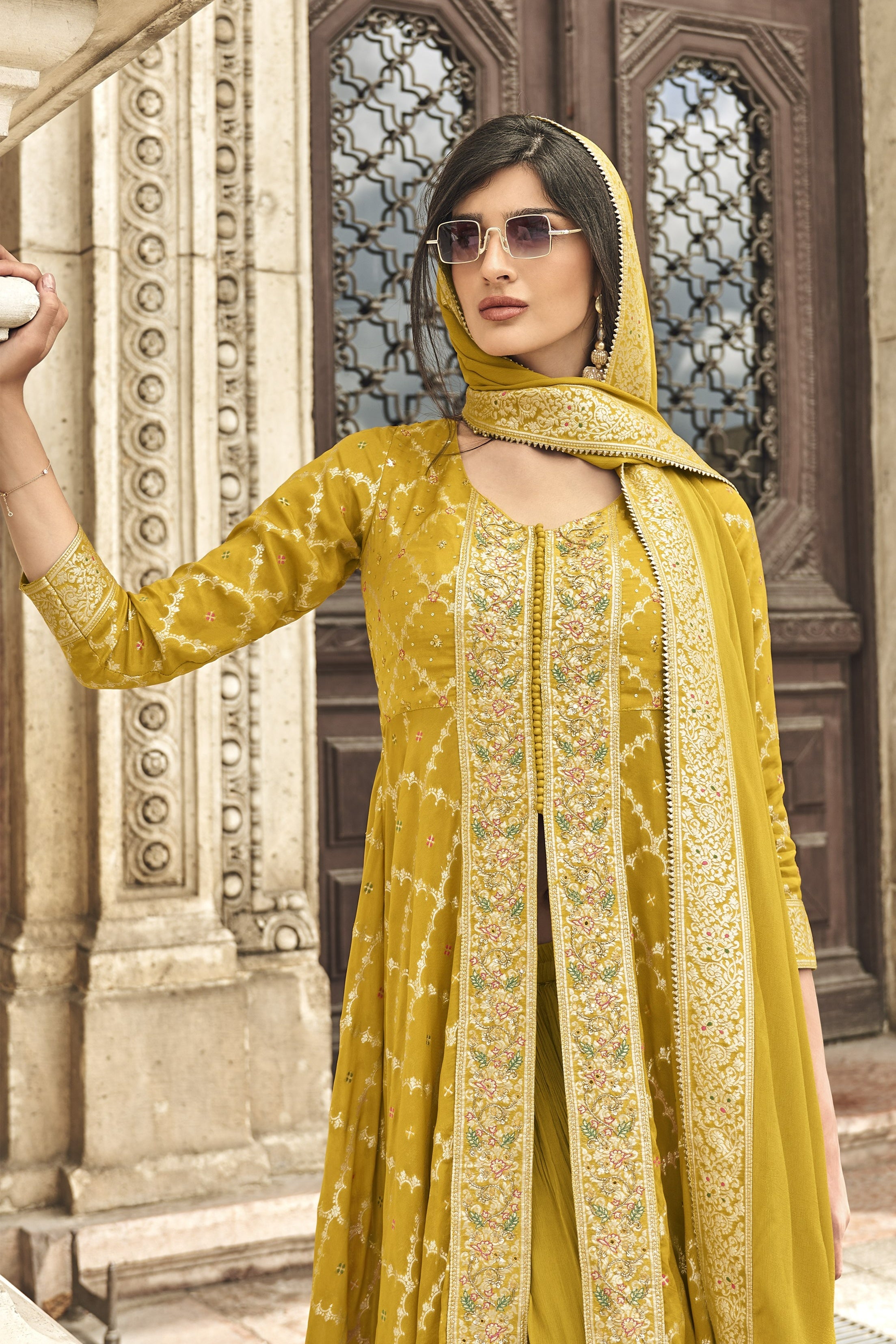 Yellow Jacquard Long Kameez With Palazzo Suit For Indian & Pakistani Wedding Festival - Jacquard Work