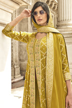 Yellow Jacquard Long Kameez With Palazzo Suit For Indian & Pakistani Wedding Festival - Jacquard Work