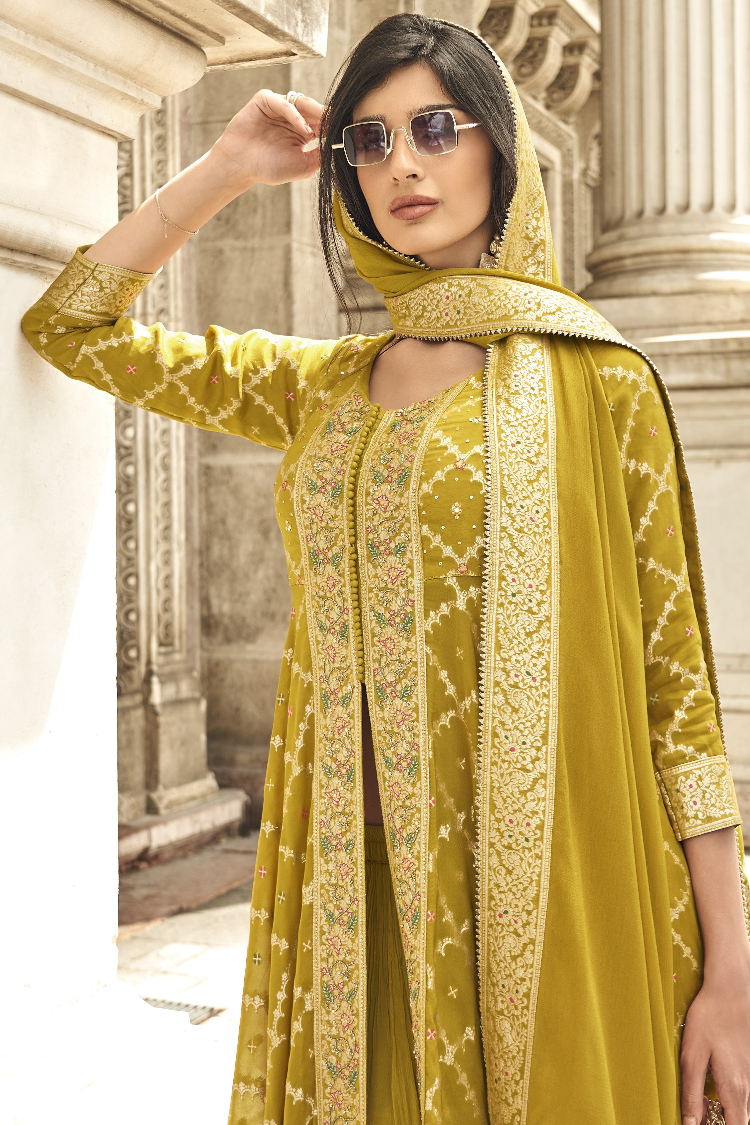 Yellow Jacquard Long Kameez With Palazzo Suit For Indian & Pakistani Wedding Festival - Jacquard Work