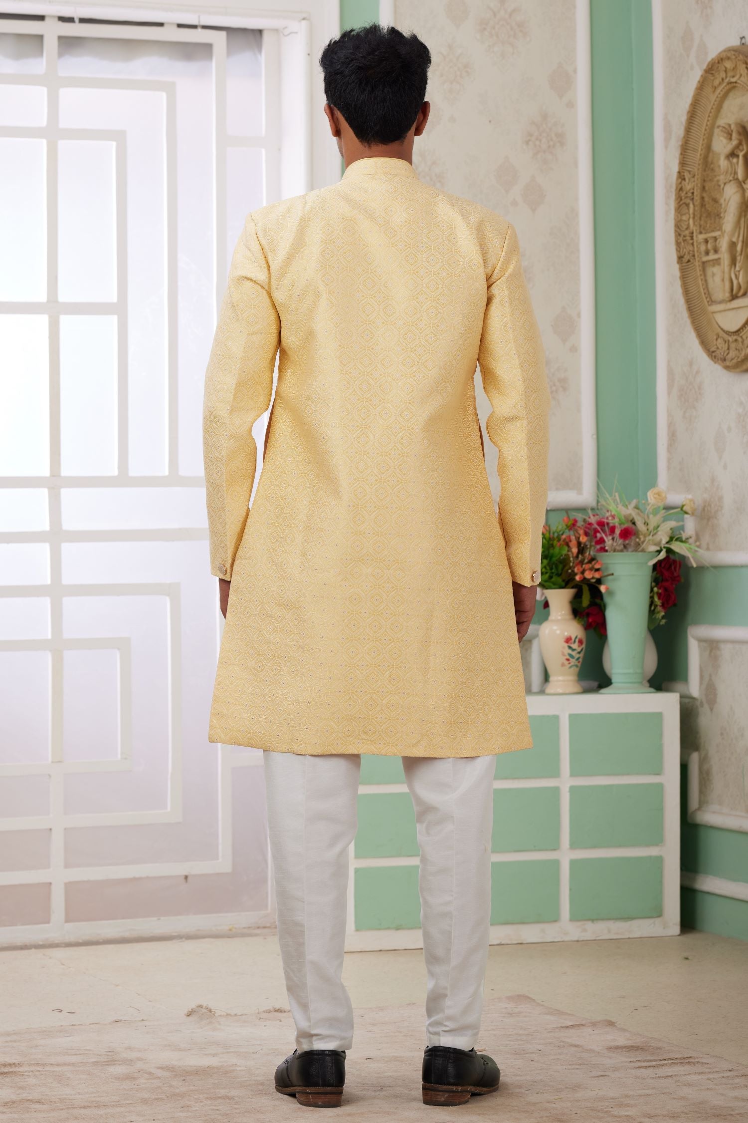Yellow Jacquard Silk Indo Western Clothes for Men with Weaving Work