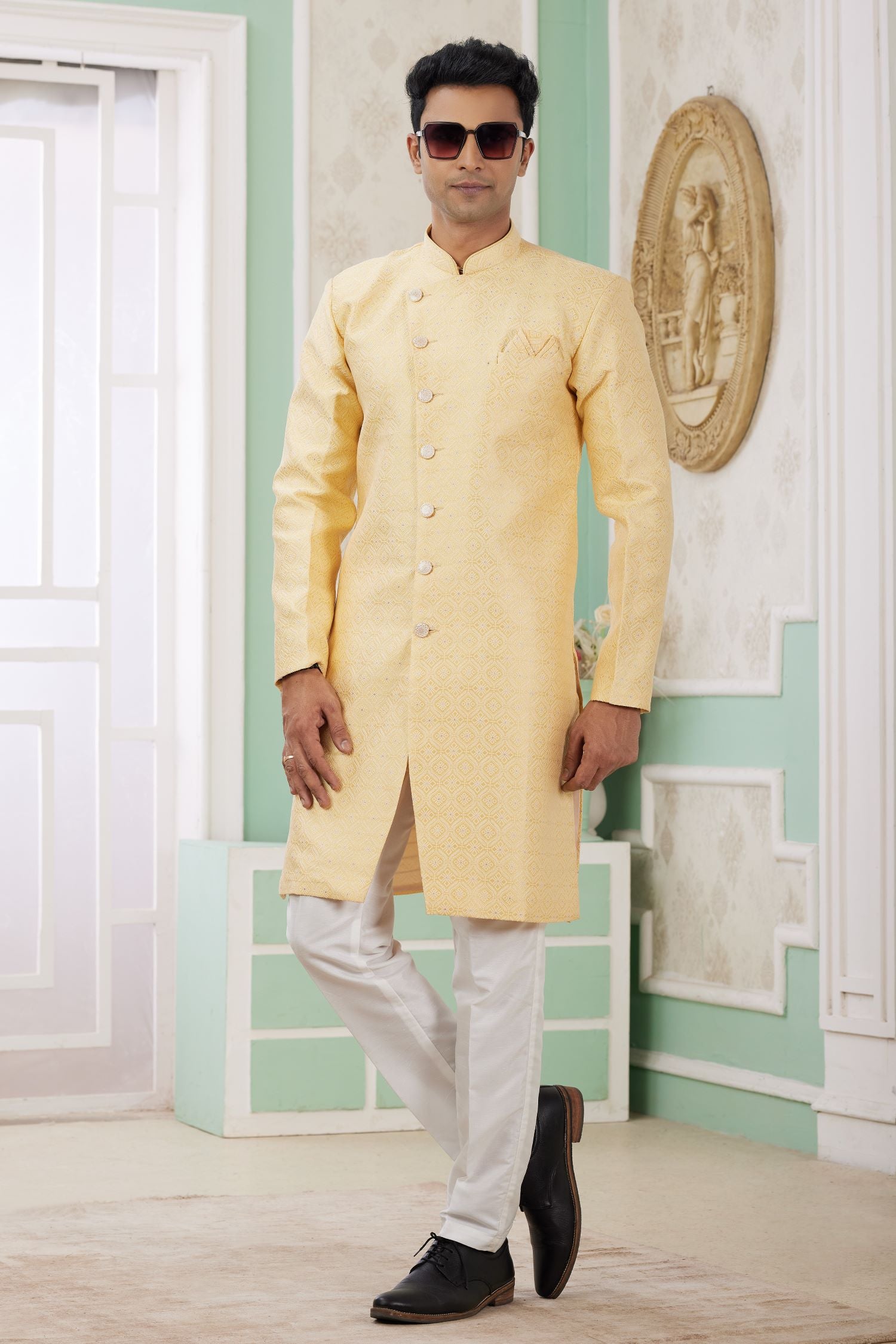 Yellow Jacquard Silk Indo Western Clothes for Men with Weaving Work