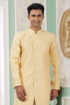 Yellow Jacquard Silk Indo Western Clothes for Men with Weaving Work