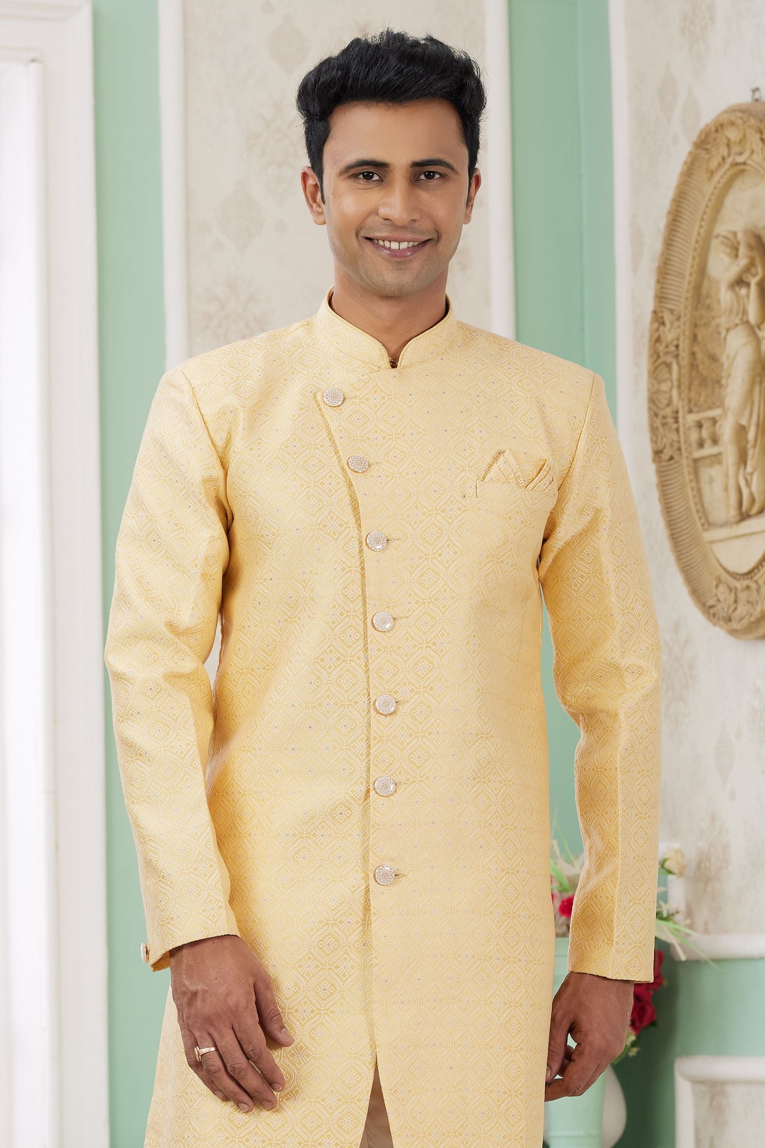 Yellow Jacquard Silk Indo Western Clothes for Men with Weaving Work