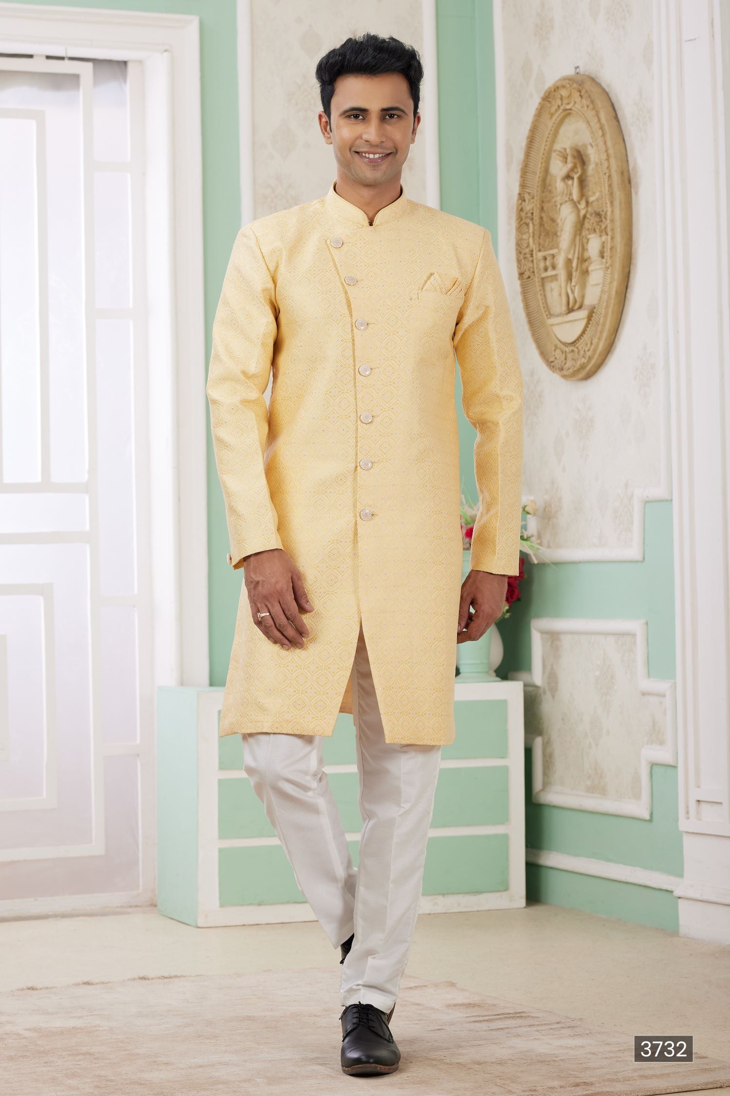 Yellow Jacquard Silk Indo Western Clothes for Men with Weaving Work
