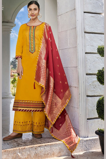 Yellow Jam Silk Kameez with Pant For Indian Suit Festivals & Pakistani Weddings - Embroidery Work