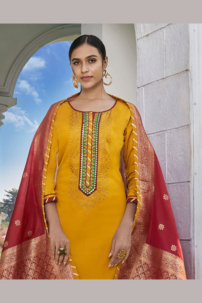 Yellow Jam Silk Kameez with Pant For Indian Suit Festivals & Pakistani Weddings - Embroidery Work