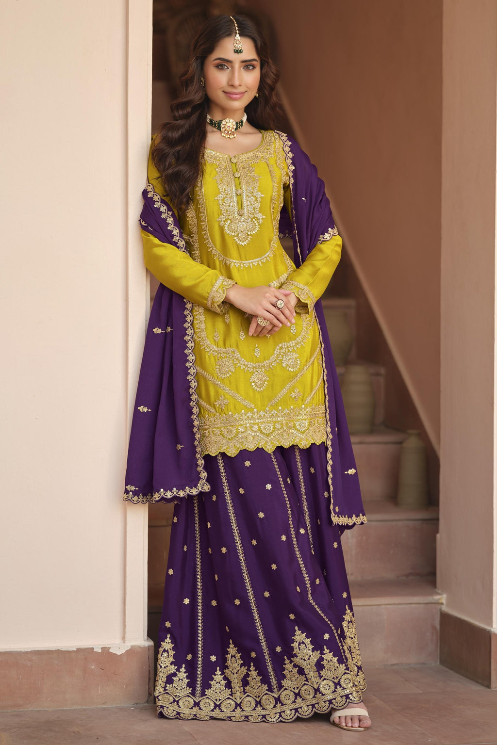 Yellow Mustard Chinon Silk Plazo Suit For Indian & Pakistani Wedding Festival - Dori Work, Sequence Embroidery Work
