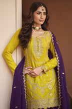 Yellow Mustard Chinon Silk Plazo Suit For Indian & Pakistani Wedding Festival - Dori Work, Sequence Embroidery Work