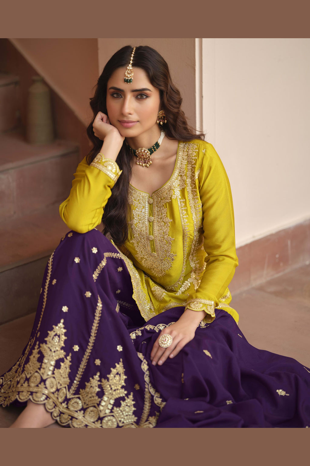 Yellow Mustard Chinon Silk Plazo Suit For Indian & Pakistani Wedding Festival - Dori Work, Sequence Embroidery Work