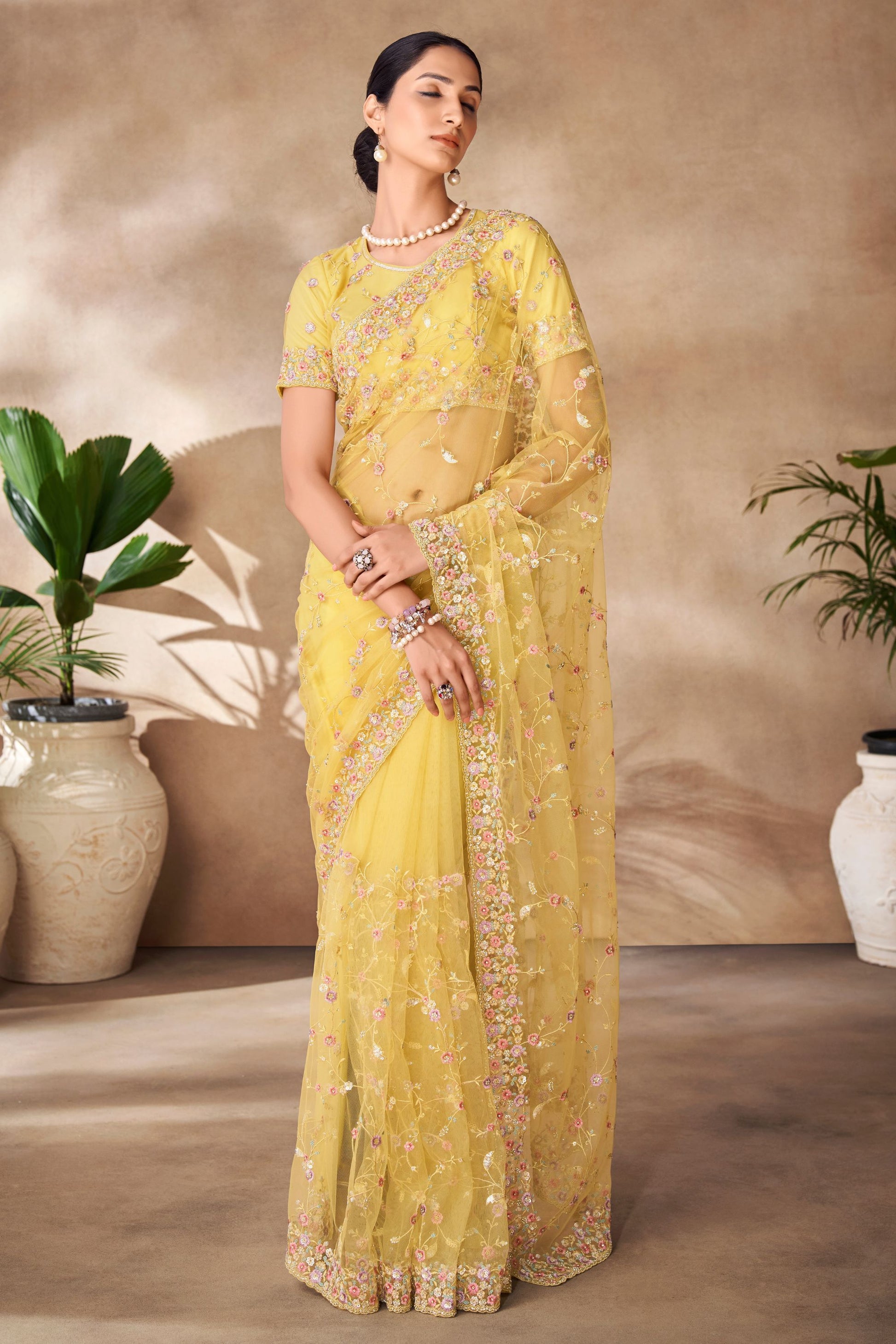 Yellow Net Indian Saree with Blouse for Festival & Weddings - Sequence Embroidery Work, Thread Embroidery Work, Zarkan Work