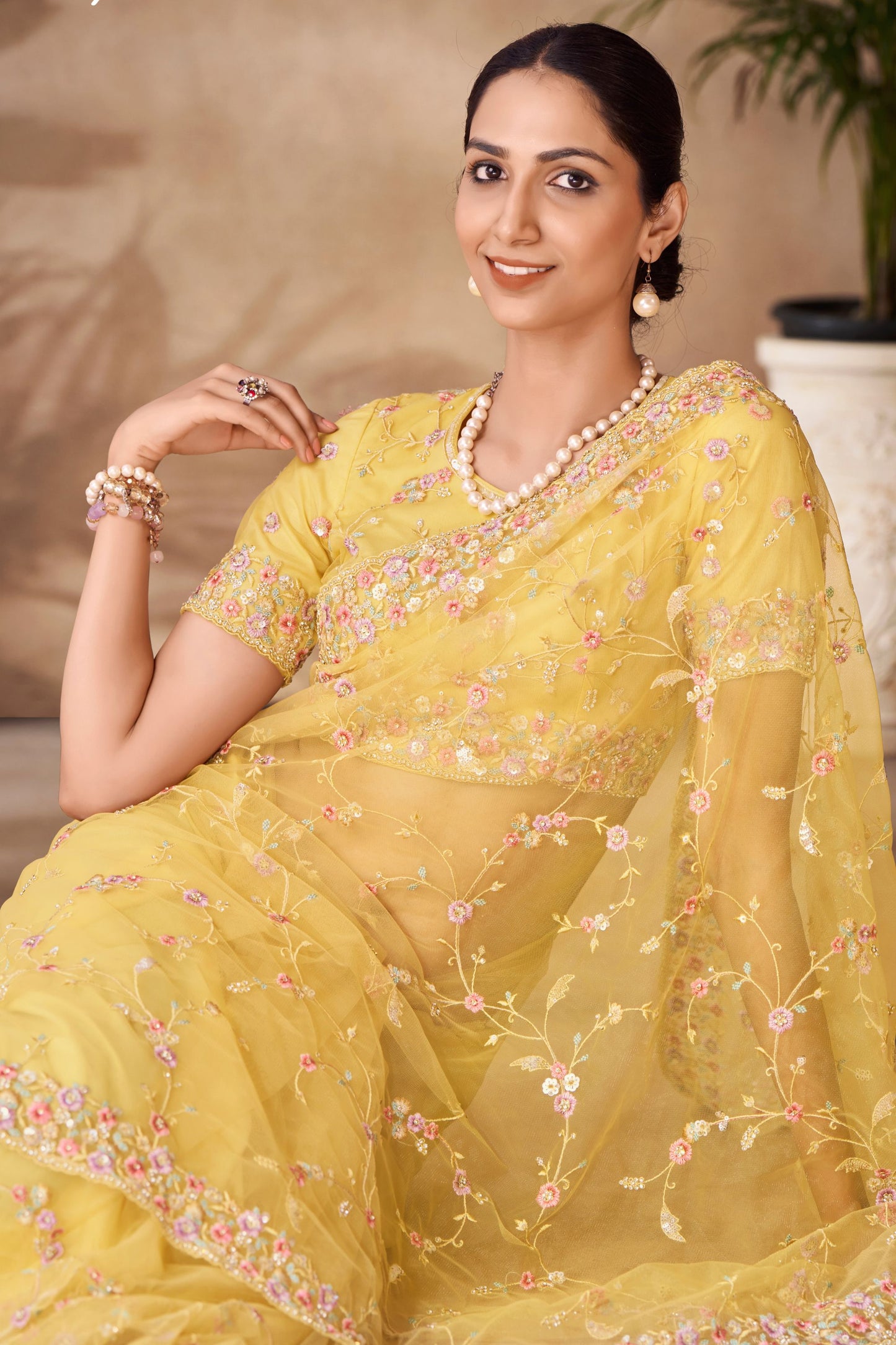 Yellow Net Indian Saree with Blouse for Festival & Weddings - Sequence Embroidery Work, Thread Embroidery Work, Zarkan Work