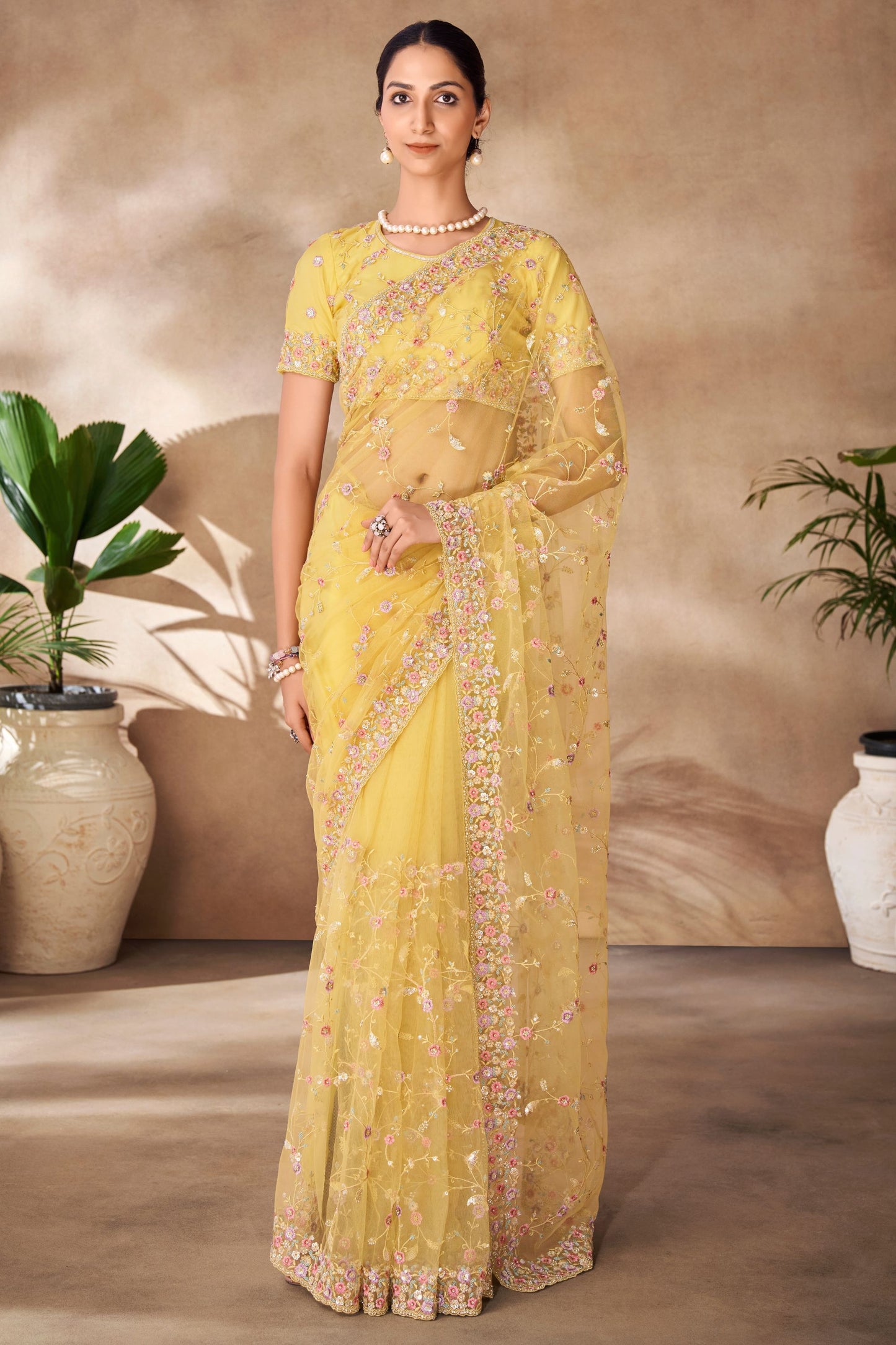 Yellow Net Indian Saree with Blouse for Festival & Weddings - Sequence Embroidery Work, Thread Embroidery Work, Zarkan Work