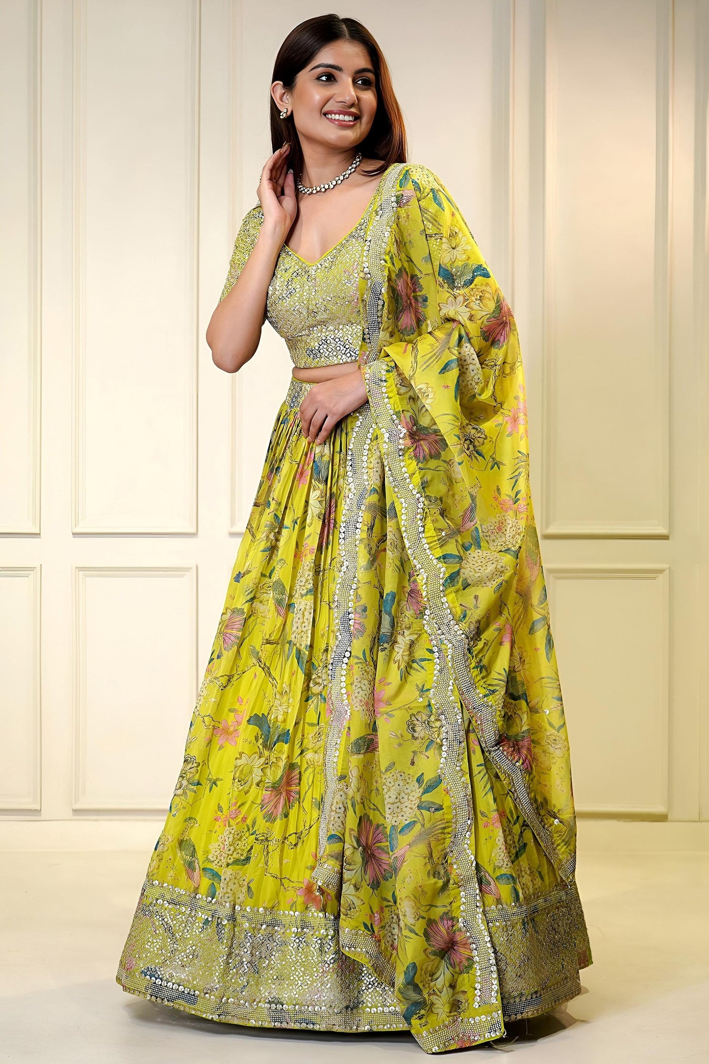Yellow Organza Silk Flower Printed Lehenga Choli For Indian & Pakistani Wedding Festival - Sequins & Thread Embroidery Work, Zari Work, Print Work
