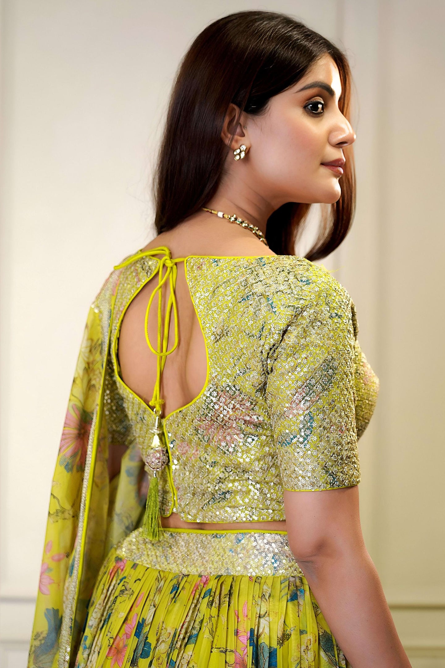 Yellow Organza Silk Flower Printed Lehenga Choli For Indian & Pakistani Wedding Festival - Sequins & Thread Embroidery Work, Zari Work, Print Work