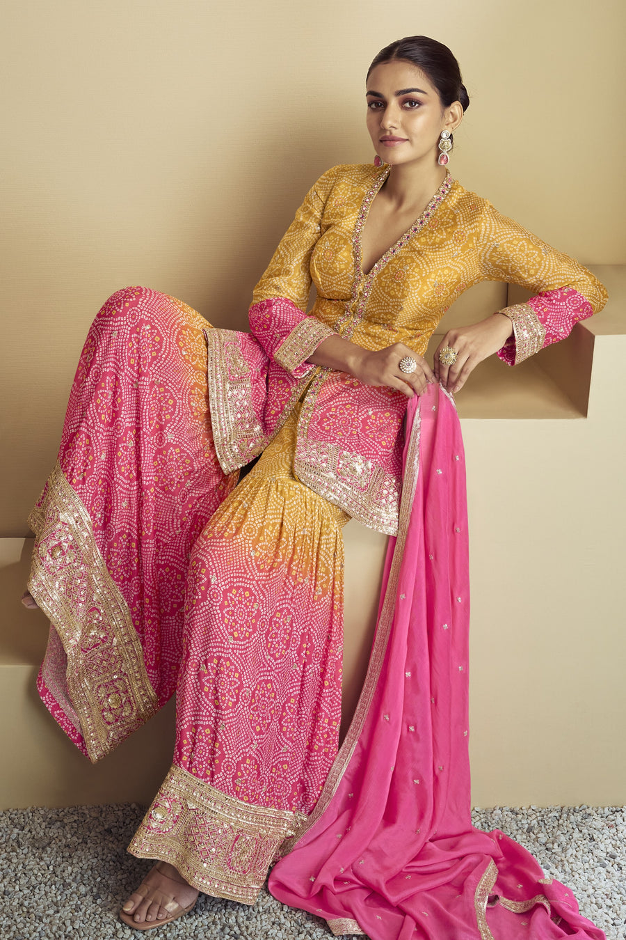 Yellow Pink Dual Color Chinon Silk Bandhani Style Pattern Sharara Suit For Indian Festivals & Weddings - Embroidery Work, Mirror Work, Print Work