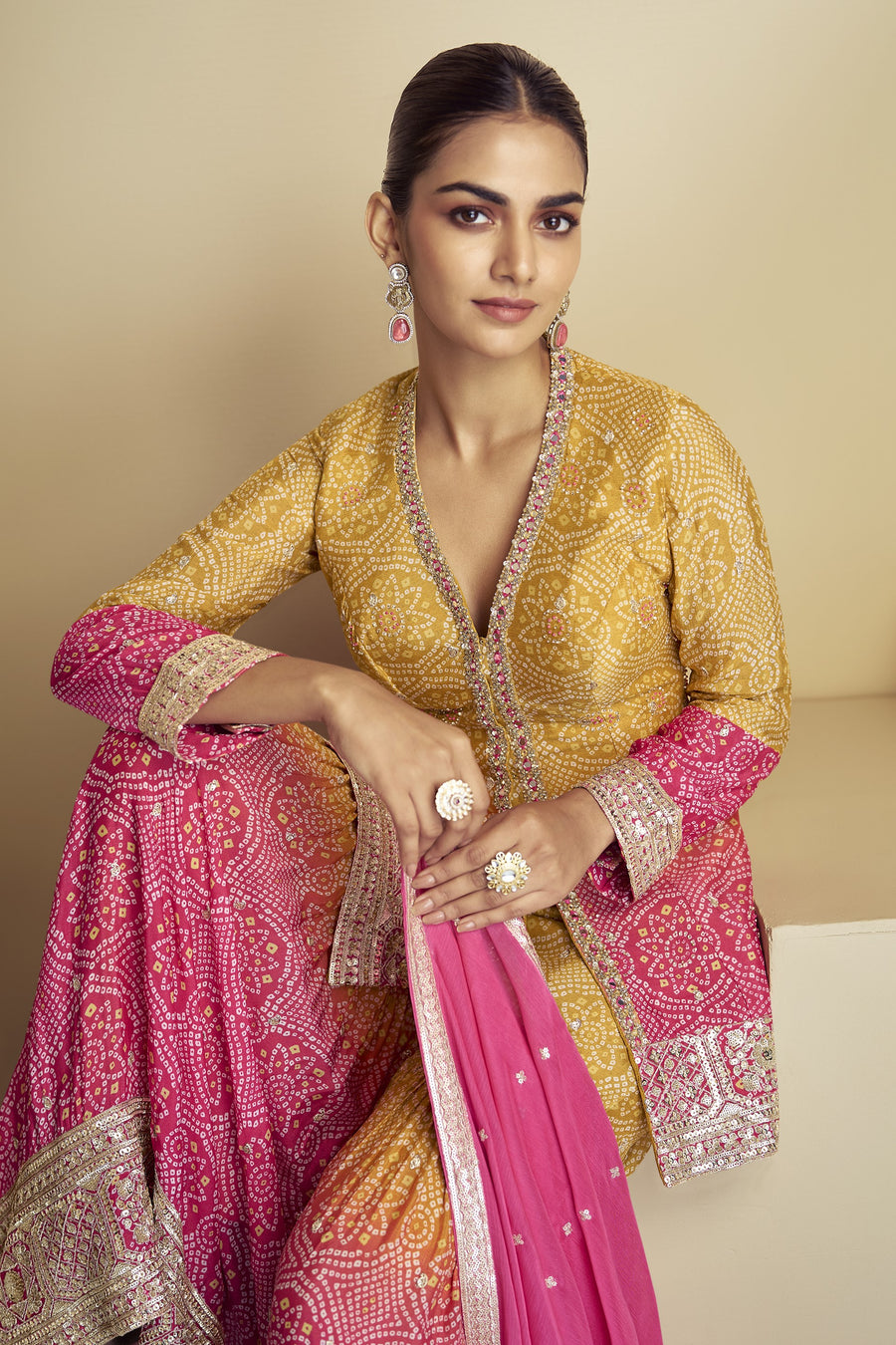 Yellow Pink Dual Color Chinon Silk Bandhani Style Pattern Sharara Suit For Indian Festivals & Weddings - Embroidery Work, Mirror Work, Print Work